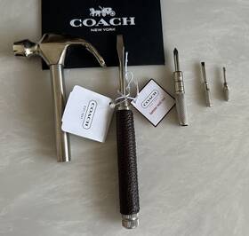 63419 Coach Nwt Hammer Tool With 4 Screw Drivers Mahogany Leather Handle