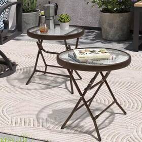 Crestlive Products 313057181180 17.72 Inch Round Brown Glass Top Foldable Metal Outdoor Side Tables 2-pack