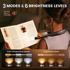 6-brightness Glocusent 645312767687 Book Light 3-color And Reading Bendable Neck