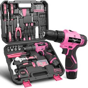 Ll12-2000-3 Jenabom Pink Tool Set - 12v Cordless Drill Kit 151 Piece Box With Hand Home T