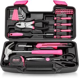 Kaliacho 705353234385 39pcs Pink Household Tool Set Essential Hand Kit With Plastic Toolbox For