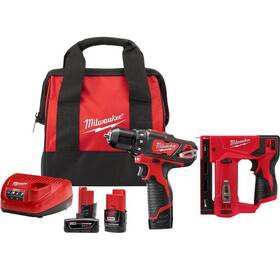 2407-22-2447-20-48-11-2460 Milwaukee Drill/driver Kit Crown Stapler Brushed With 3 Batteries Charger 12v
