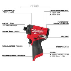 3453-20-48-11-2425 Milwaukee Impact Driver Built-in Light 12v Lithium-ion Brushless