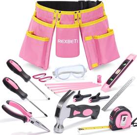 Rex060 Rexbeti 18pc Pink Kids Tool Set With Real Tools And Belt For Diy Woodworking Learning Ki