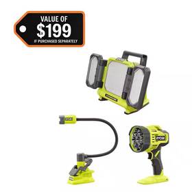 Ryobi 445026588508 One 18v 3-tool Lighting Kit With Hybrid Panel Light Spotlight And Flexible Cla
