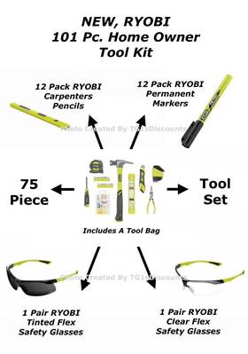 Rhtk75 Ryobi New 101 Pc. Home Owner Hand Tool Kit With Storage Bag. Everything In Photo