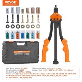 Vevor 840349962320 Rivet Nut Tool 14 Inch Rivnut Kit With 7 Pcs Metric And Sae Mandrels 70