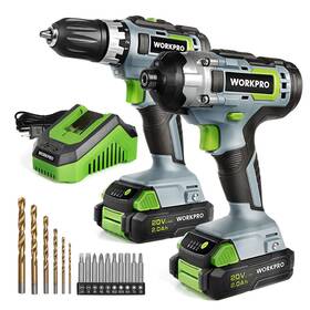 W004572a Workpro 20v Cordless Drill Combo Kit Driver 2x 2 0ah - Gray/green