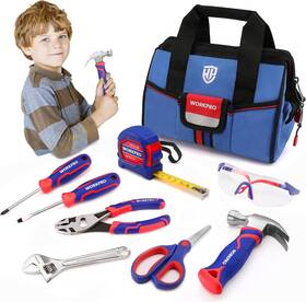 W009141 Workpro 9-piece Kids Hand Tool Set Blue Diy Kit For Boys And Girls Age 8 Storage Bag