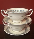 2 Wedgwood Woodstock Double Handle Cream Soup Cup/bowls & Saucers Set Vgc. Fixed Price $22.00.