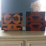 Set Of 2 Vintage Small Wooden Chest Drawers Storage Box Family Crest Japan. Fixed Price $80.00.