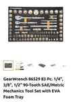Gear Wrench 86529 83PC Mechanics Tool Set 1/4 , 3/8 & 1/2 . With Eva Foam Tray. Fixed Price $229.00.