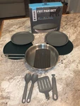 Stanley Camping Fry Pan Set - Cutting Board Spatula Sporks Plates Trivet. Fixed Price $29.99.