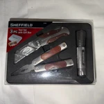 New Sheffield 3 Pc Tool Set With Tin Box Multi Utility Knife Flashlight Nib. Fixed Price $23.00.