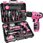 Stylish Pink 127-PIECE Tool Set With 8V Cordless Drill For Diy Projects. Fixed Price $81.99.
