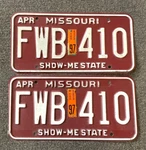 1997 Missouri License Plates Pair Mo Chevy Ford Dodge Chevrolet Fwb 410. Fixed Price $29.00.