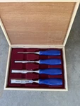 Marples Sheffield England Blue Handle Set Of 4 Chisels Wooden Box Vintage New. Fixed Price $60.00.