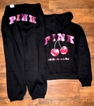 Victoria's Secret Pink Bling Campus Fz Hoodie + Pants Set Black Red Cherry Xl. Fixed Price $149.99.