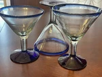 3 Pc Mexican Blown Martini Glass Set Cobalt Blue Rim Handmade Margarita. Fixed Price $15.00.