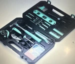 Amazonbasics 142-PIECE Tool Kit Hammer, Screwdriver, Tape, Turquoise Box. Fixed Price $67.49.