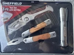 New Sheffield 3 Pc Tool Set With Tin Box Multi Utility Knife Flashlight. Fixed Price $20.00.