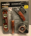 Husky 4 Piece Professional Tool Set Level Screwdriver Knife Tape Measure. Fixed Price $18.00.