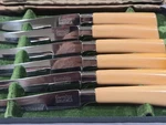 Vintage Sheffield England Steak Knife Set Peeredge Butterscotch Handles. Fixed Price $24.60.