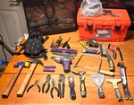 Mixed Lot Hand Tools Box Pliers Hammer Screwdrivers Saw Putty Knives + Case. Fixed Price $35.00.