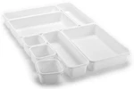 Masirs Interlocking Drawer Organizer Bins, White, 8 Piece Set. Fixed Price $15.85.