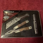 New Sheffield 3 Pc Tool Set With Tin Box Multi Utility Knife Flashlight. Fixed Price $19.99.